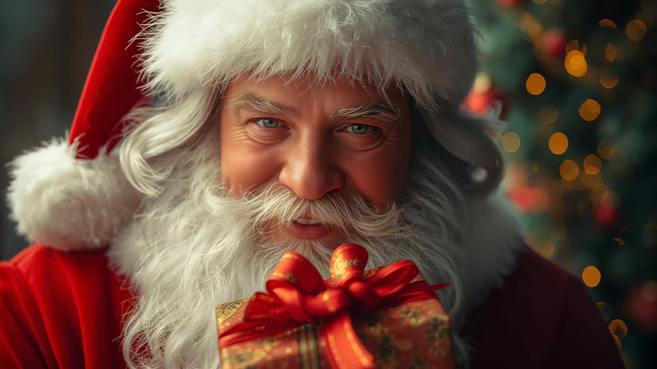 Gazing into camera, Santa Claus is tilting gift box at home with Christmas tree, offering gift