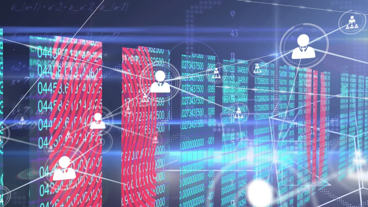 Animation of data processing and blue lights over servers
