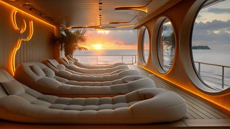 luxury yacht lounge deck with ocean sunset view
