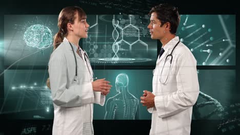 animación de médicos biraciales masculinos y femeninos sobre el procesamiento de datos