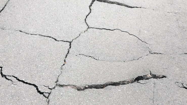 Le acque alluvionali invadono una strada crepata