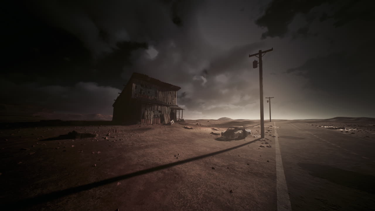 Paesaggio desolato con una casa abbandonata e un palo del telefono al crepuscolo