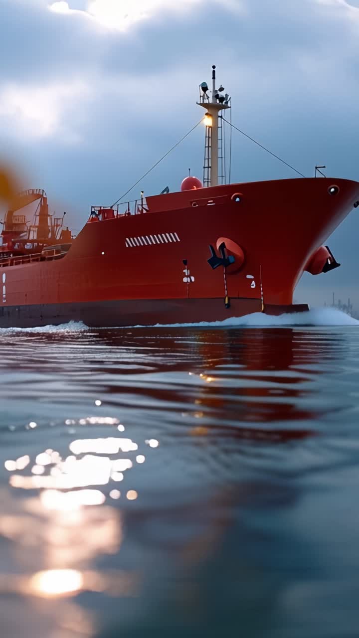 Un buque tanque rojo brillantemente iluminado navegando por aguas serenas bajo un cielo dramático, capturando la esencia del comercio marítimo y la aventura.