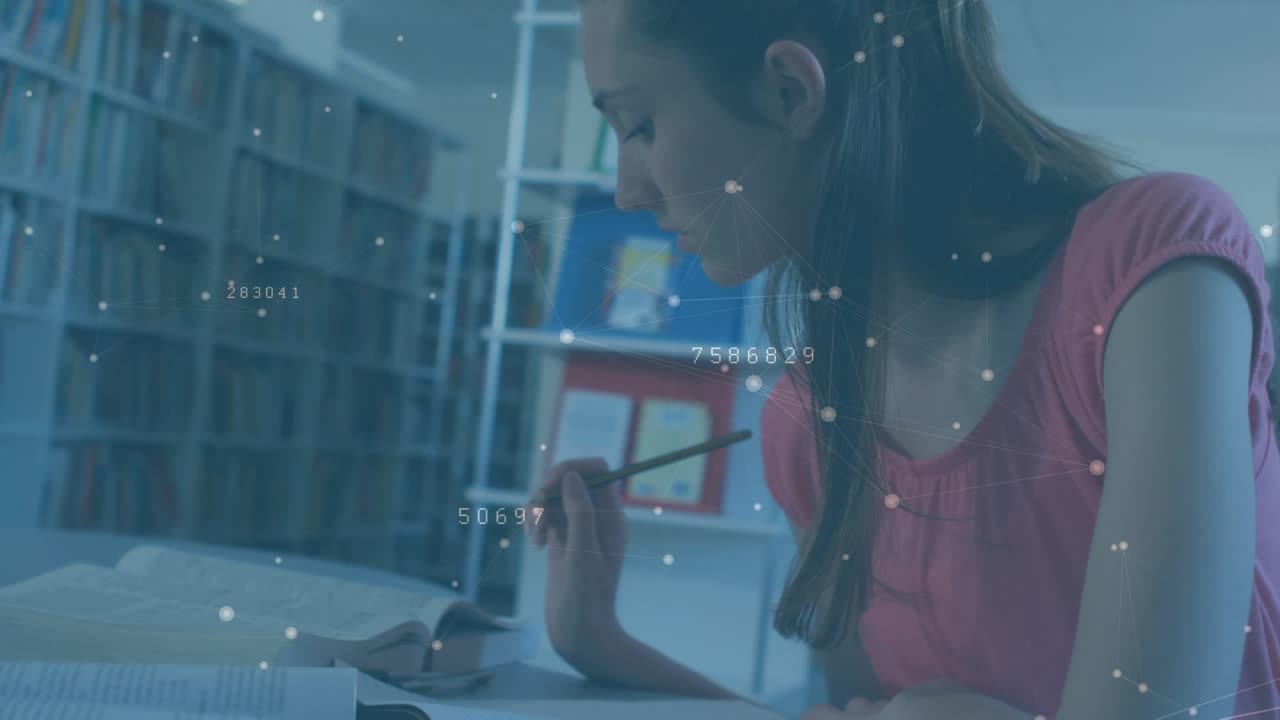 Animation of financial data processing over businesswoman using tablet