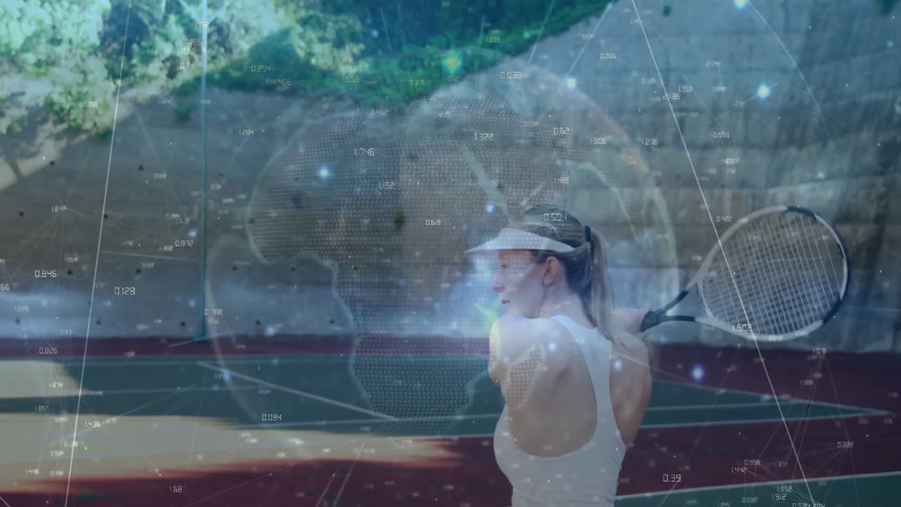 Female tennis player preparing backhand, showcasing sports technology with data metrics and nodes