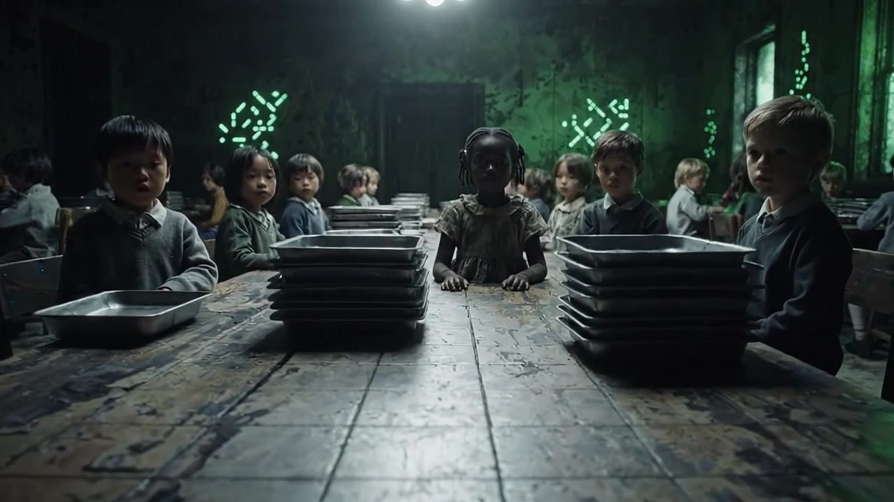 Una scena inquietante che raffigura un gruppo di bambini seduti a lunghi tavoli, circondati da pareti spoglie e un'illuminazione verde spettrale, evocando un senso di disperazione e isolamento.