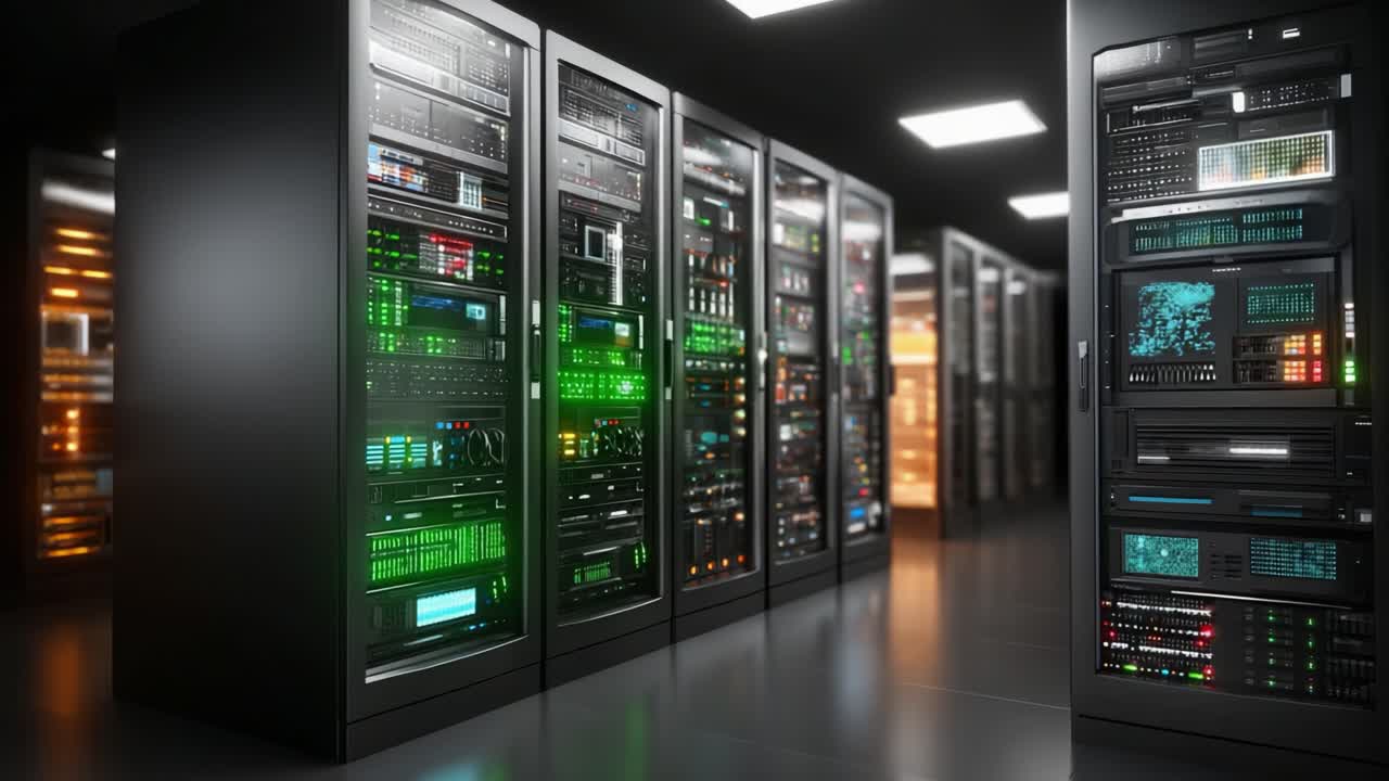 An Advanced Data Center Interior Featuring Powerful Server Racks and Illuminated Equipment, Representing the Backbone of Modern Computing and Data Management