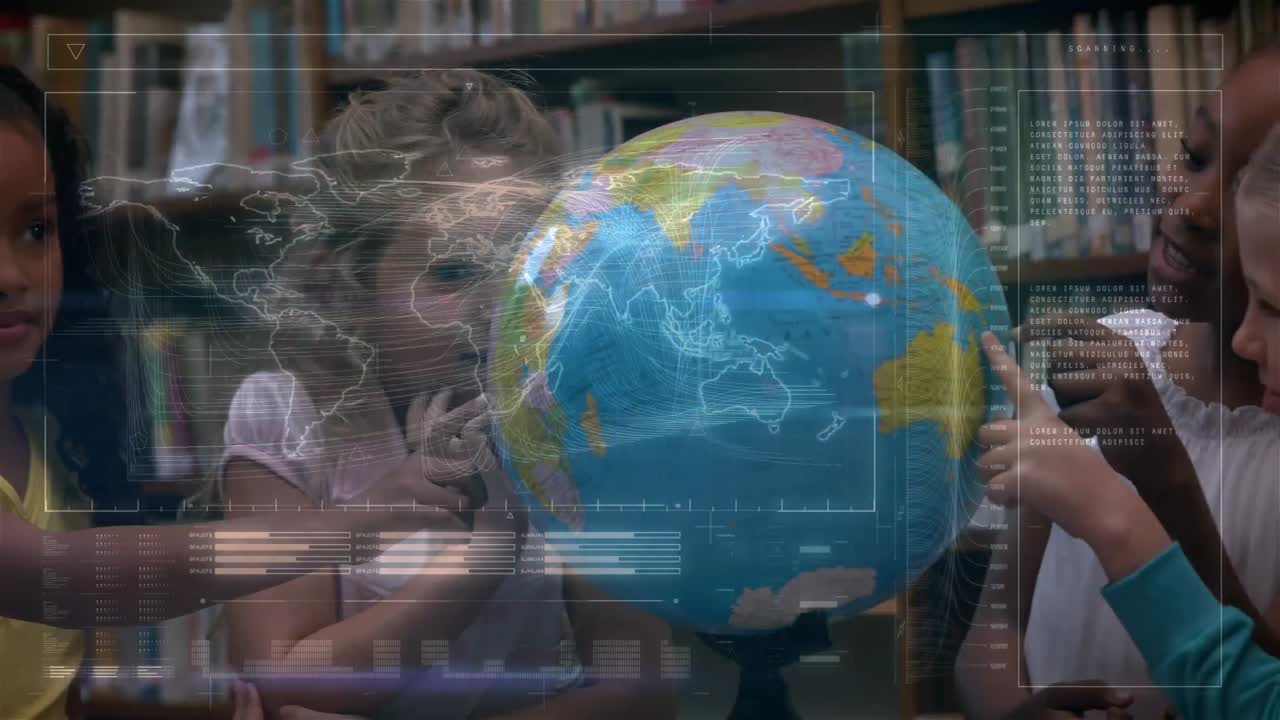 교실에서 지구를 보는 학교 학생들에 대한 데이터 처리 애니메이션