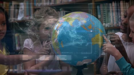 Animation-of-data-processing-over-schoolchildren-looking-at-globe-in-class