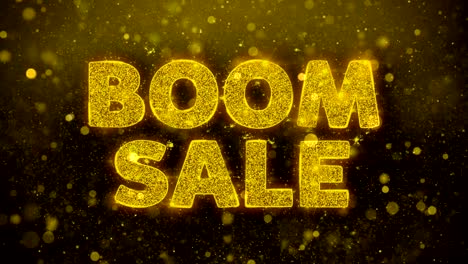 el texto de venta de boom en la animación de partículas de brillo dorado.