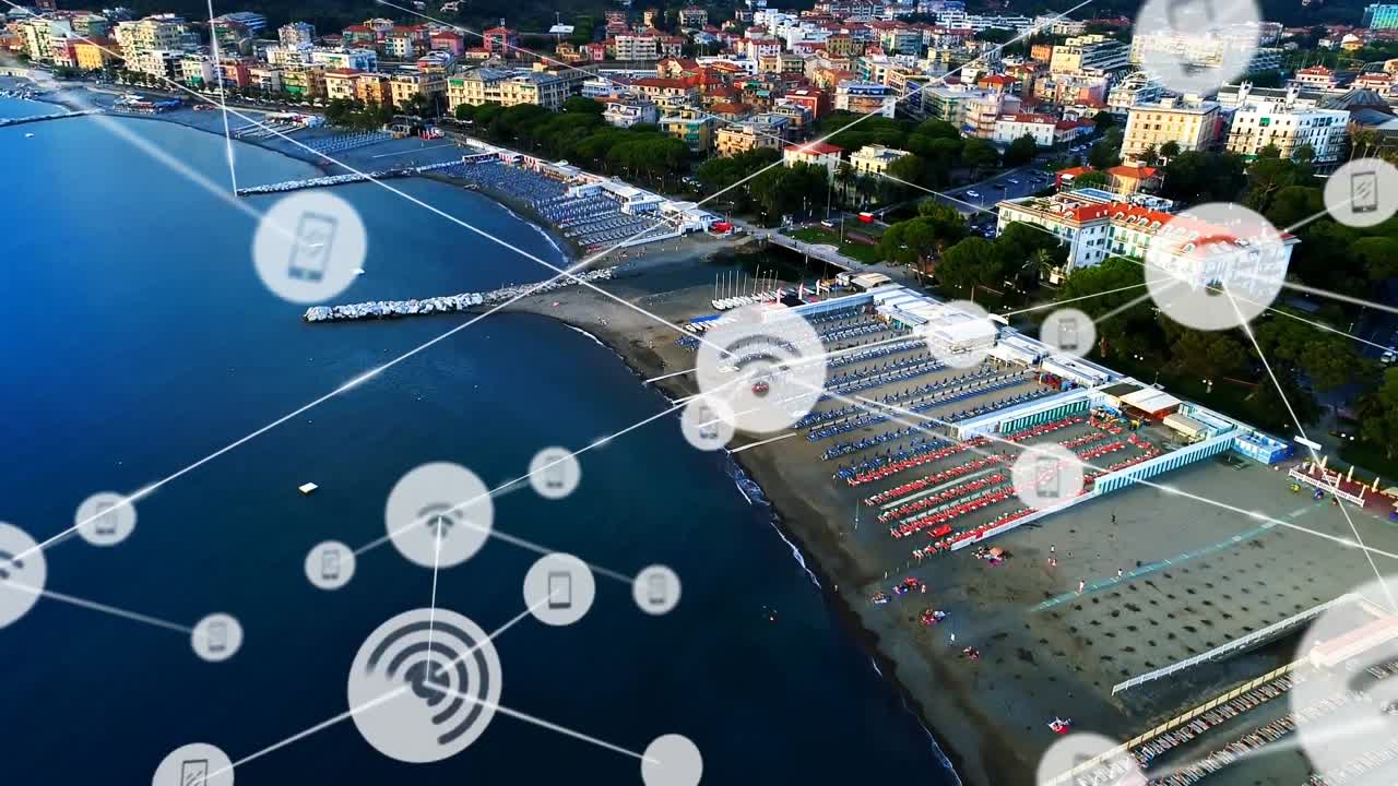 animación de la red de conexiones con iconos sobre el puerto