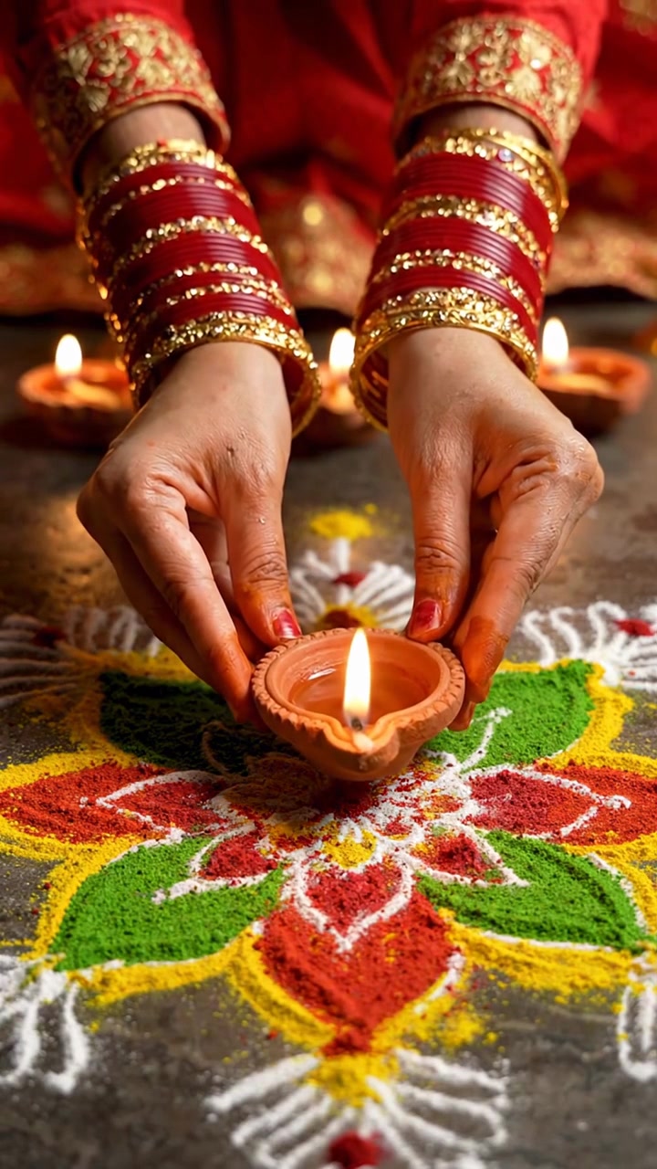 Donna indiana che posiziona una diya su un rangoli colorato per il festival di Diwali.