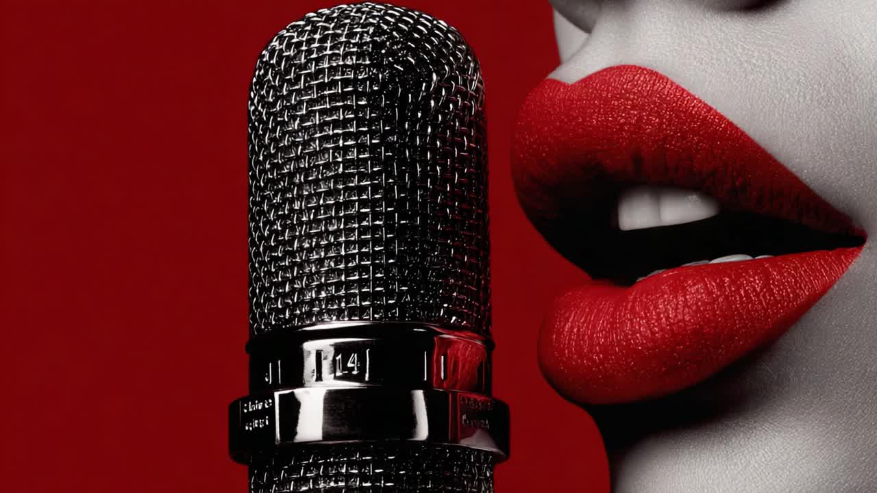Close-Up of a Glamorous Red-Lipped Mouth Speaking into a Vintage Microphone Against a Striking Red Background, Highlighting the Artistry of Performance and Expression