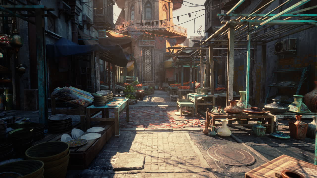 Early morning in traditional district with vendors and vintage goods