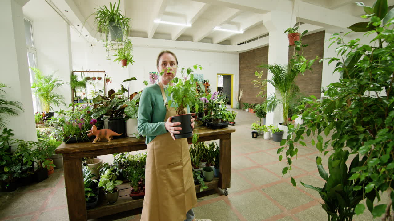 Mulher trabalhando em uma loja de plantas