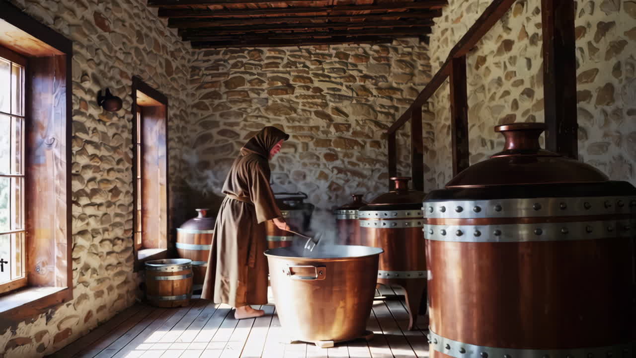 Monk Distilling in a Medieval Still Room