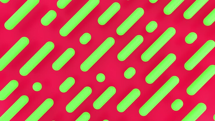 Geometric moving green shapes, abstract red background in minimalism. Stripes pattern background. Motion design, Lines pattern. For promo and presentation. 3d seamless looped animation 4K