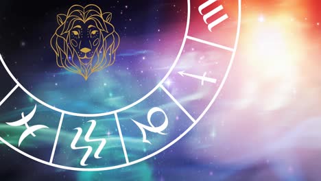 composition of leo star sign symbol in spinning zodiac wheel over glowing stars