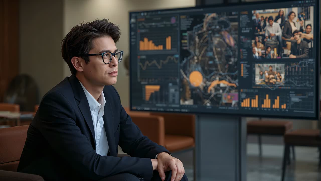 Turning man with glasses noticing dashboard anatomy, viewing screen in office in suit, copy space