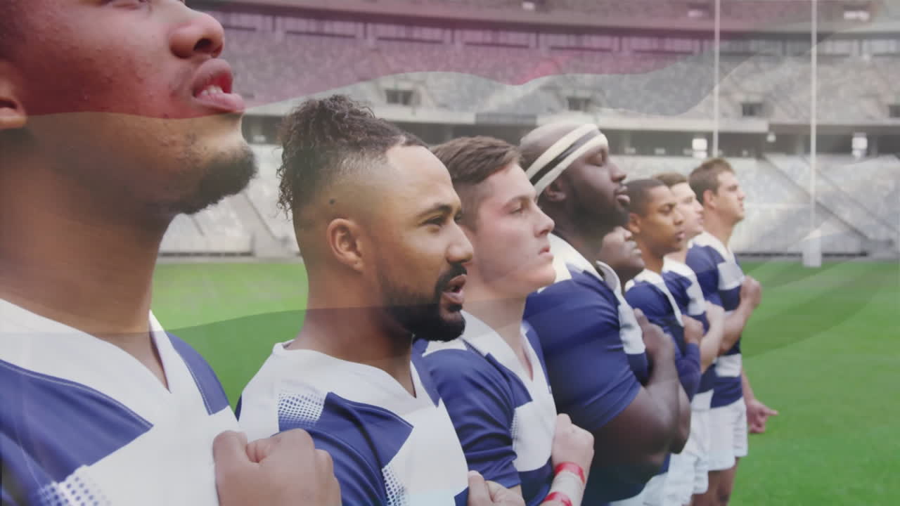 Standing together on field, diverse rugby team showing unity with animation