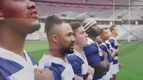 standing together on field, diverse rugby team showing unity with animation