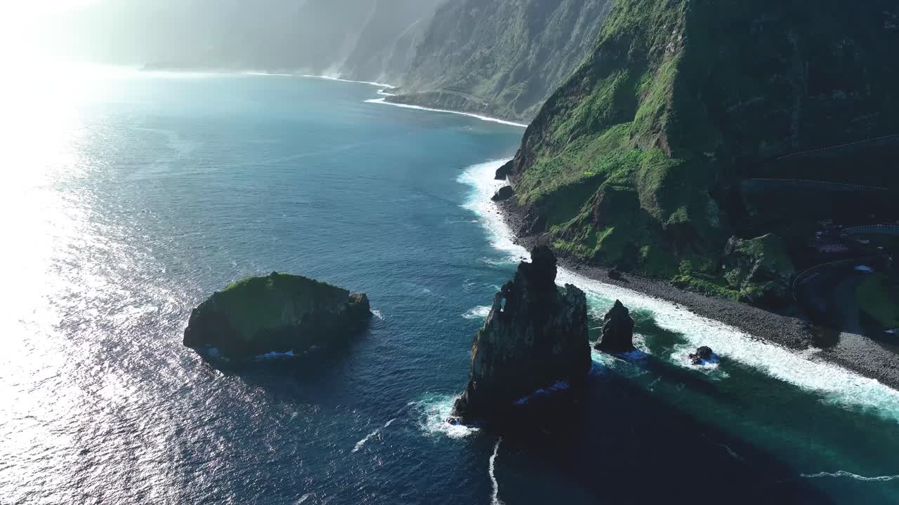 Aerial of dramatic rocks off coast of Madiera, Portugal