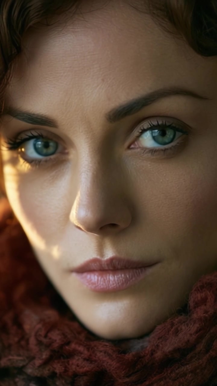 Un cautivador retrato en primer plano que muestra los rasgos intensos y expresivos de una mujer, enfatizando sus ojos brillantes y emociones sutiles.