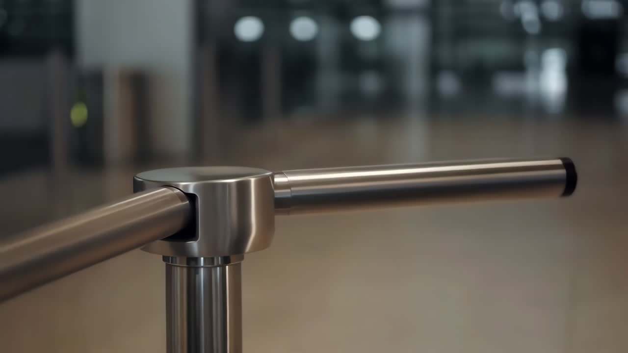 Close-up of a modern metal turnstile barrier arm