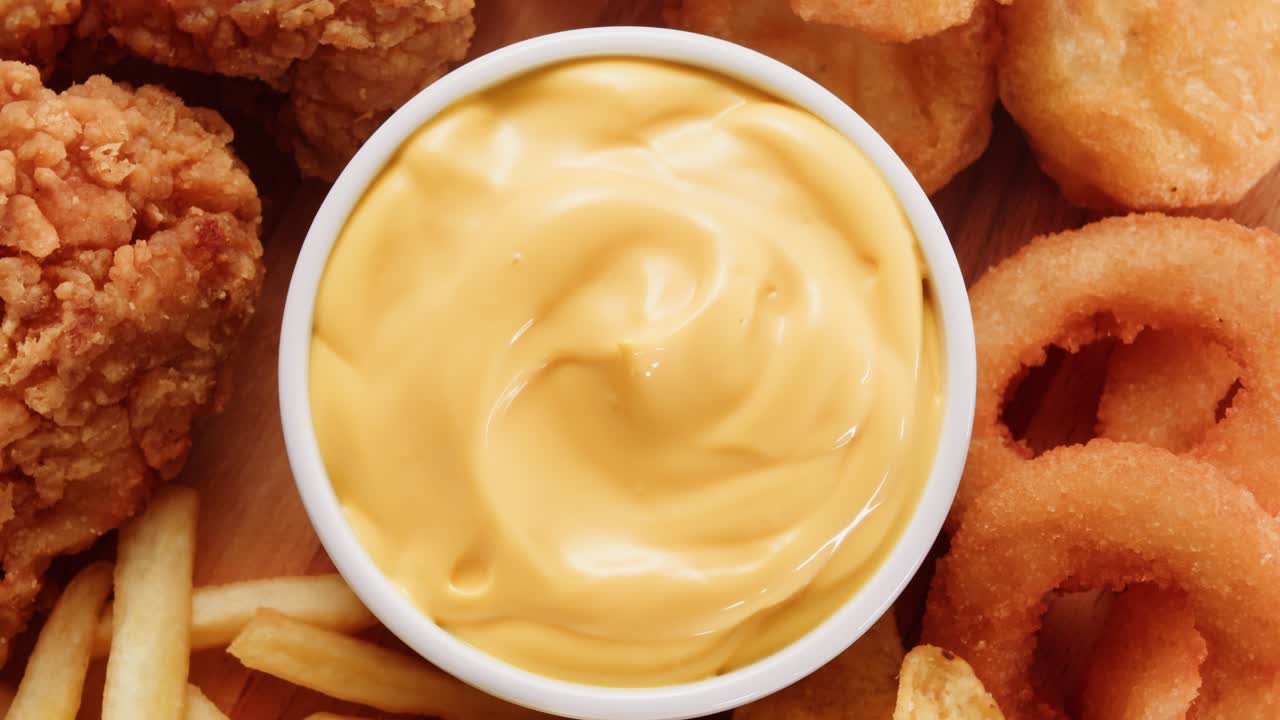 pollo frito crujiente, papas fritas, anillos de cebolla, nachos y salsa de queso