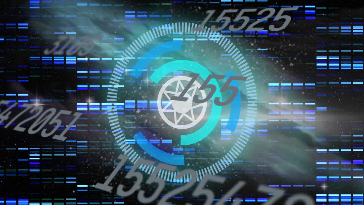 múltiples números cambiantes sobre escáner redondo contra cuadrados de mosaico en fondo negro