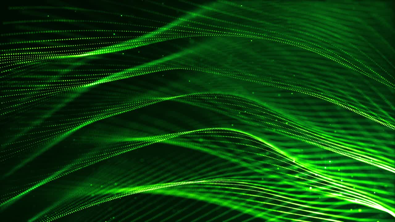 4k looped science fiction particle background with bokeh, light effects. Glow green color particles form lines, surfaces, complex structures. Suitable for sci-fi themes or as vj loop motion design bg