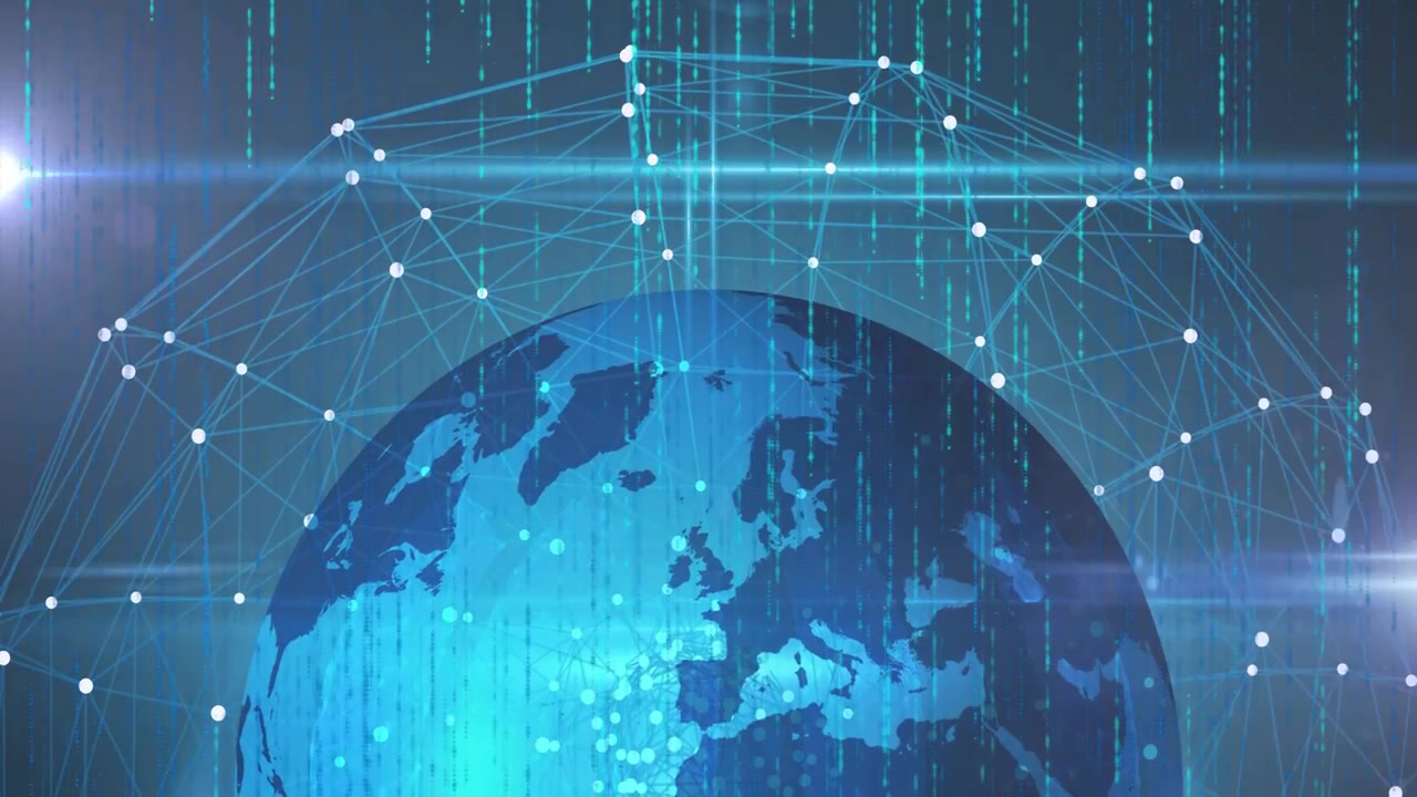 On startup stylized blue Earth globe linking to network dome, nodes pulsing, visualizing data flow