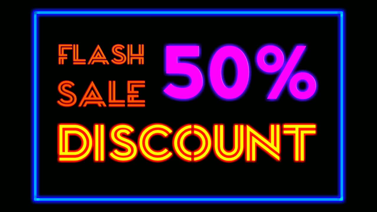 venta flash animación texto de luz de neón 50 por ciento de descuento en fondo negro para tienda, venta minorista, complejo, exhibición de bar concepto de negocio de promoción