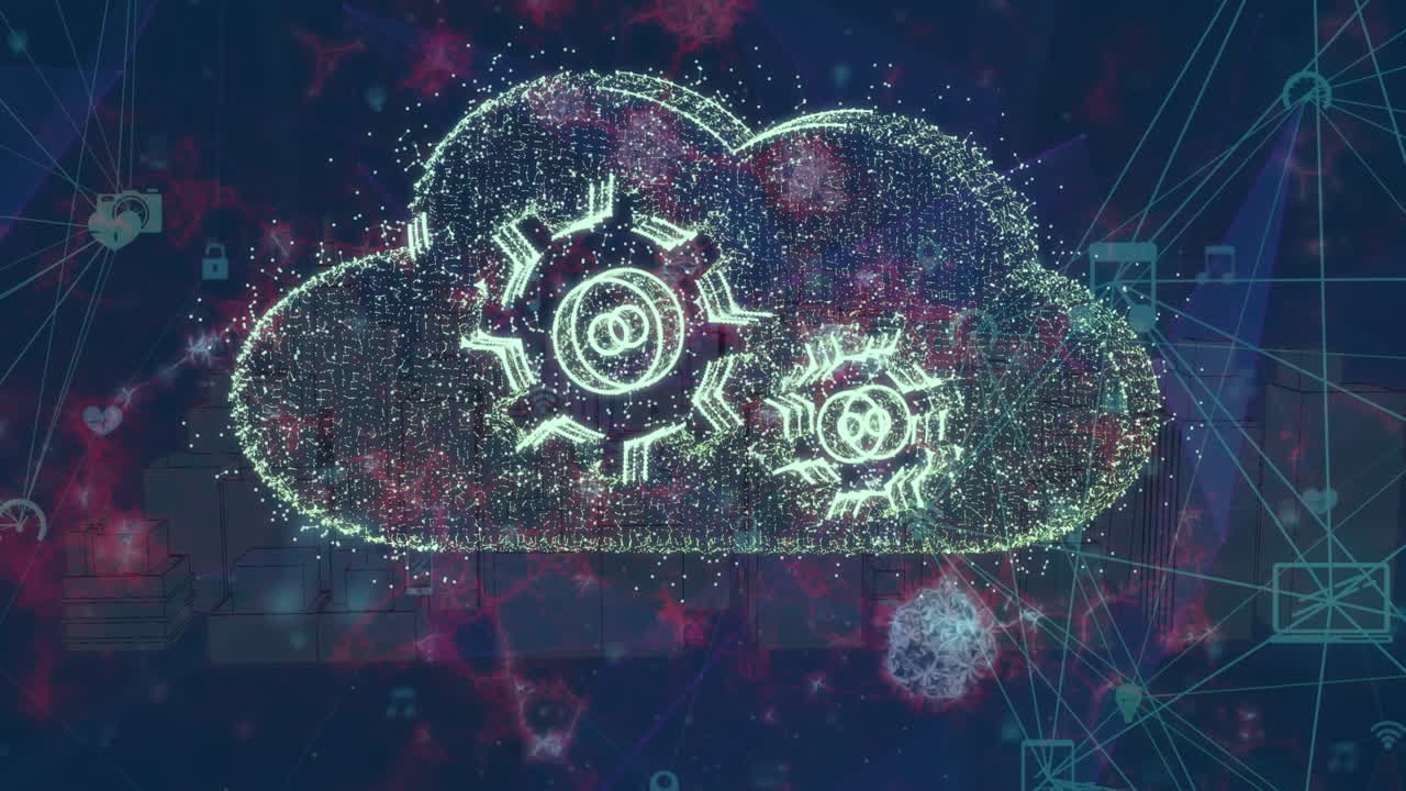 Animation of network of connections with cloud icon and data processing on black background