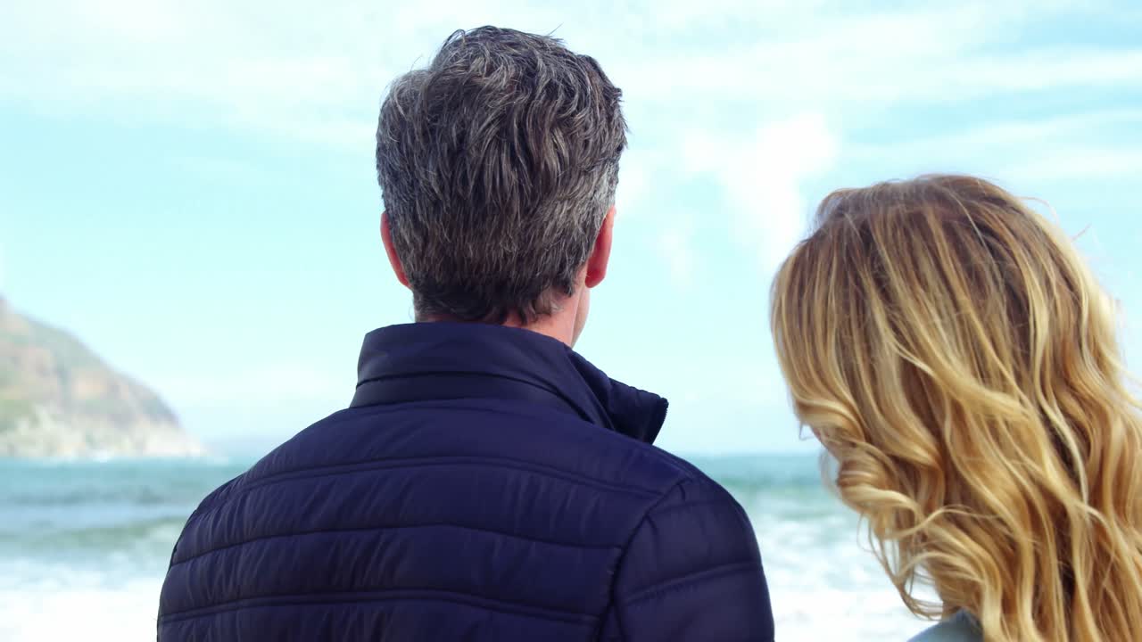 풍경을 바라보는 행복한 성숙한 커플