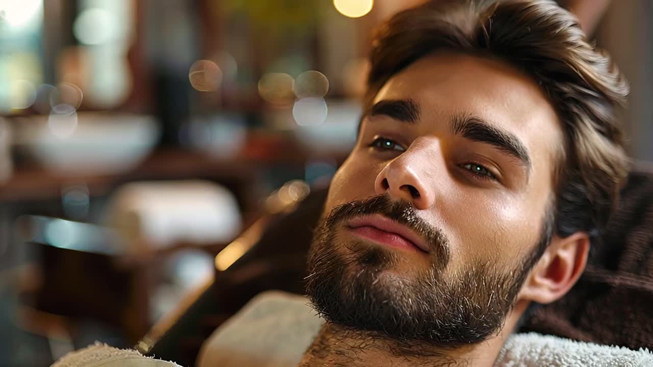 Primo piano di un uomo barbuto che si rilassa durante una sessione di cura della persona