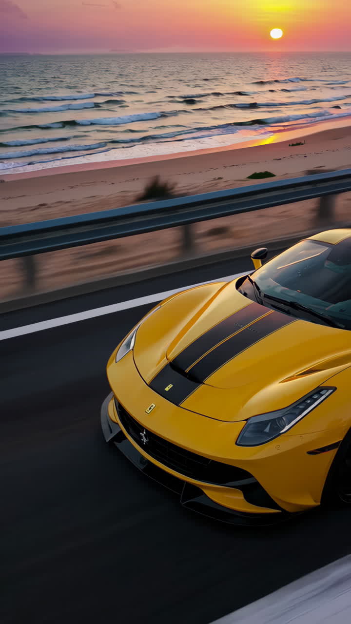 Yellow Ferrari on a Beach Sunset Drive