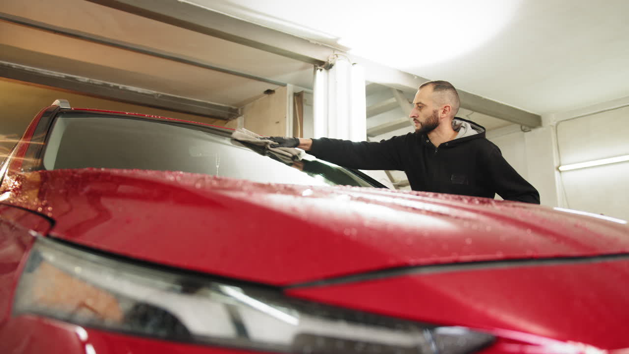 차고에서 빨간 차를 는 남자