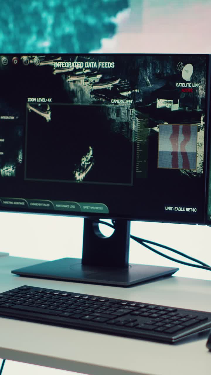 Monitor di computer high-tech che mostrano feed di dati di sorveglianza