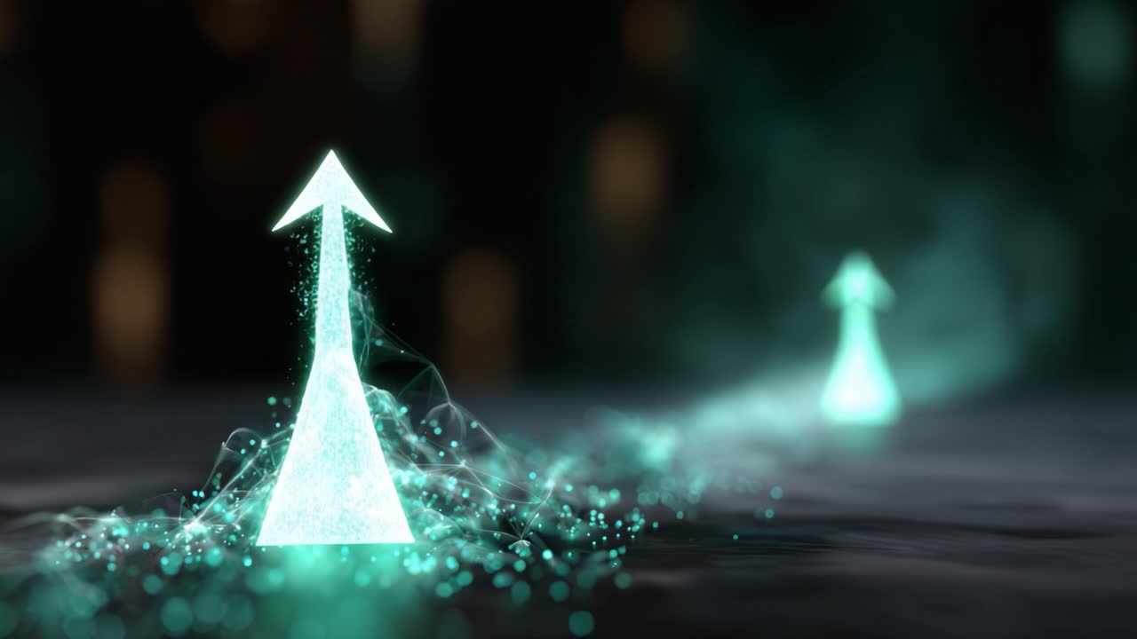 Glowing Abstract Arrows Rising Through a Mystic Environment with Energetic Particles Leading Upwards in a Futuristic and Dreamlike Scene