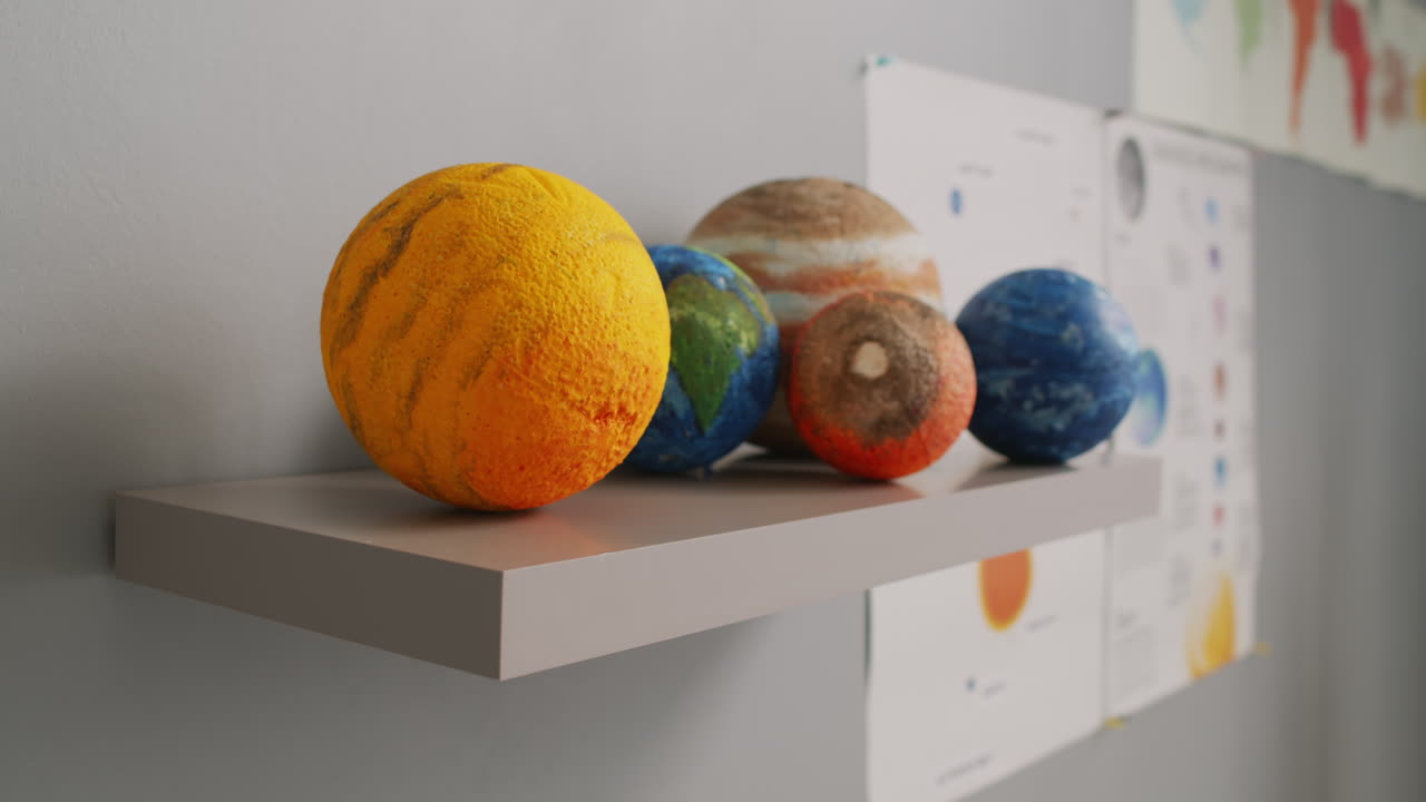 Close Up of Models of Planets on Shelf
