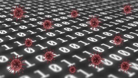 animation of binary coding and virus cells on black background