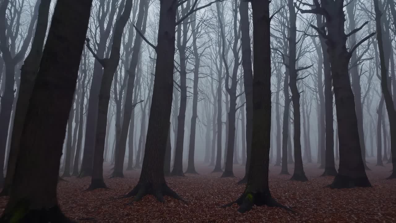 Upiorna scena leśna z wysokimi, nagimi drzewami we mgle, uchwycona z niskiej perspektywy, tworząca tajemniczą atmosferę