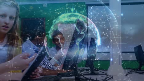 animation of globe over diverse schoolchildren using computers