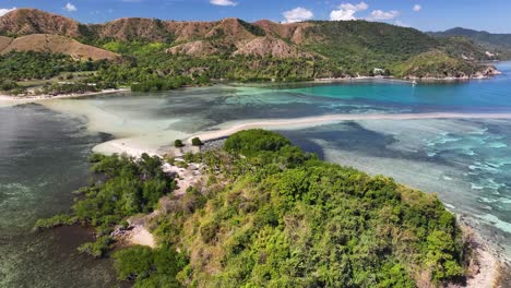beautiful aerial reveal of lakdayan sand bar, coron. philippines. tropical coastal landscape.