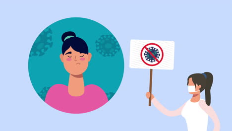 animación de la pandemia de coronavirus con una mujer activista protestando
