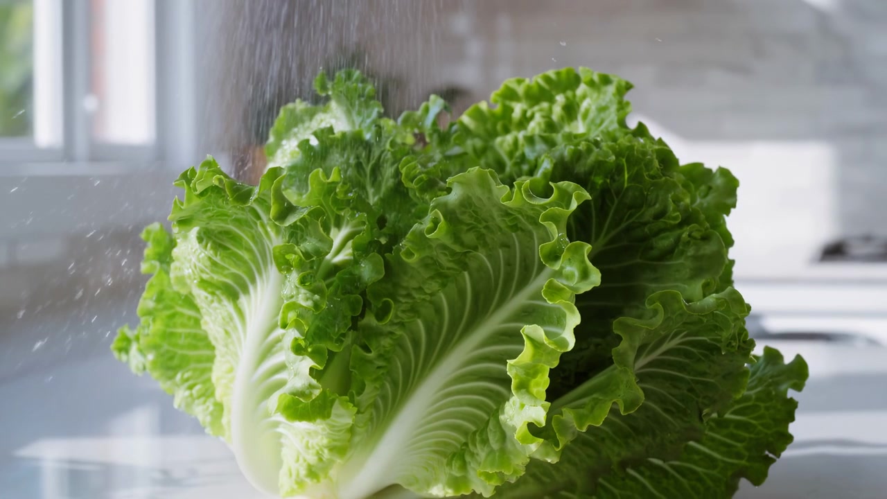 A whole green lettuce head sits slightly left of center on a bright kitchen countertop as fine water mist wets its ruffled leaves. Soft natural window light