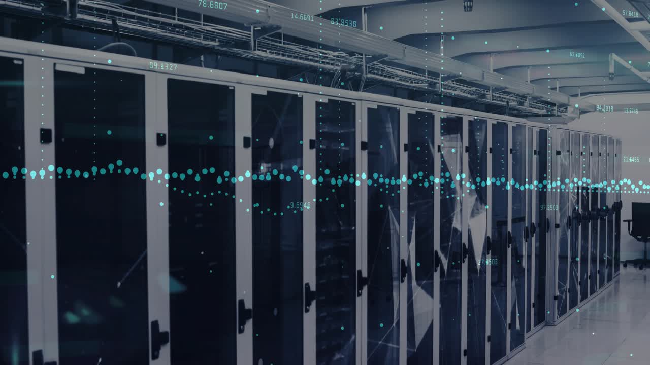 Server rack row being visualized in data center corridor, showing hardware racks and data overlays