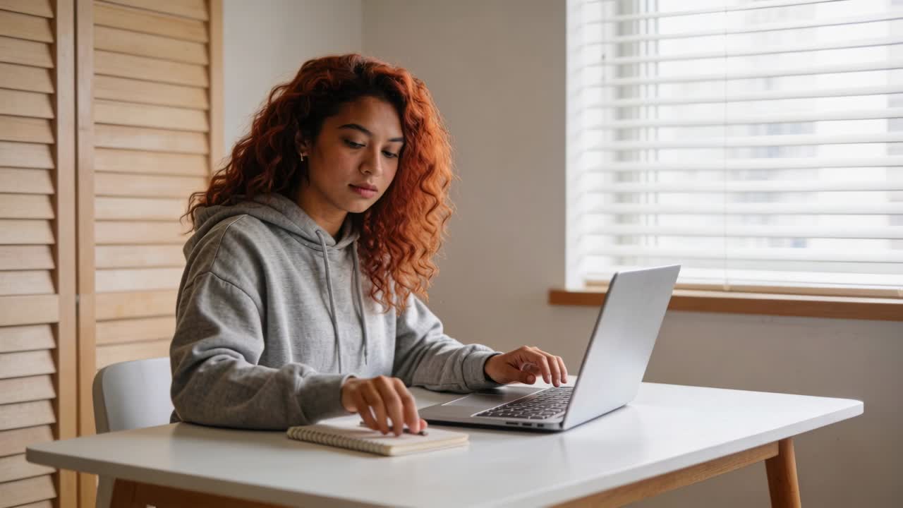 Typende vrouw in grijze hoodie zit aan haar laptop aan tafel bij het raam, kijkt naar beneden en tikt op notitieboek om aantekeningen te controleren.