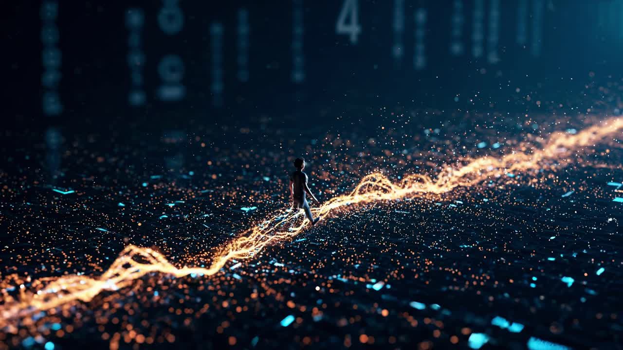Venturing through intricate digital landscapes, a solitary figure navigates luminous pathways surrounded by vibrant, flowing data streams